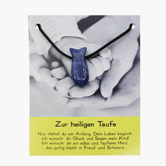 „Zur heiligen Taufe“ Sodalith Fisch Anhänger gebohrt auf großer Karte
