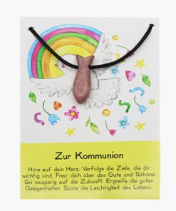 „Zur Kommunion“ Rhodonit Fisch Anhänger gebohrt auf großer Karte