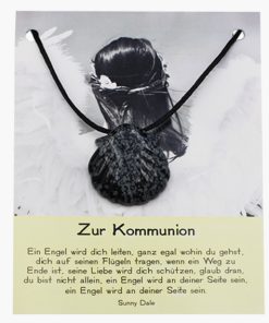 „Zur Kommunion” Schneeflockenobsidian Jakobsmuschel Anhänger auf großer Karte