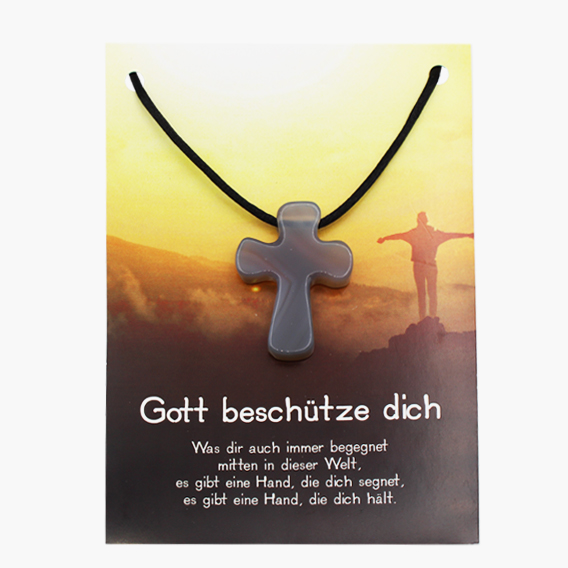 „Gott beschütze dich“ Achat Kreuz Anhänger auf grosser Karte