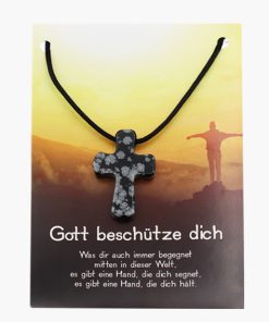 „Gott beschütze dich“ Schneeflockenobsidian Kreuz Anhänger auf grosser Karte