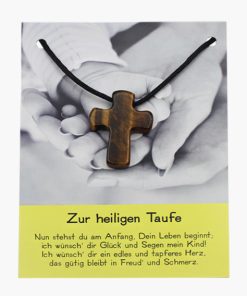 „Zur heiligen Taufe“ Pilgerkreuz Anhänger aus Tigerauge auf großer Karte