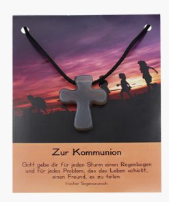 „Zur Kommunion“ Pilgerkreuz Anhänger aus Achat auf großer Karte
