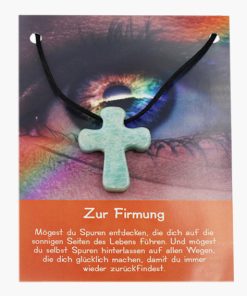 „Zur Firmung“ Pilgerkreuz Anhänger aus Amazonit auf großer Karte