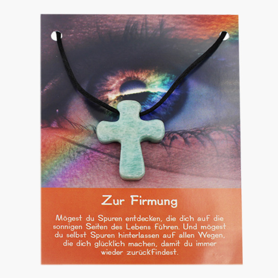 „Zur Firmung“ Pilgerkreuz Anhänger aus Amazonit auf großer Karte