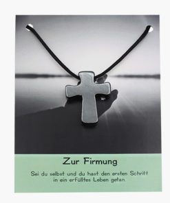 „Zur Firmung“ Hämatit Pilgerkreuz Anhänger auf großer Karte