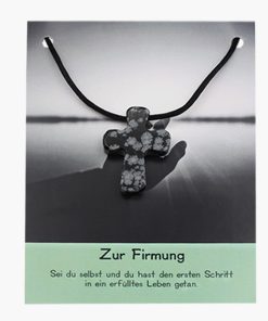 „Zur Firmung“ Schneeflockenobsidian Pilgerkreuz Anhänger auf großer Karte