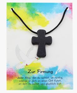 „Zur Firmung“ Pilgerkreuz Anhänger aus Goldfluss blau auf großer Karte