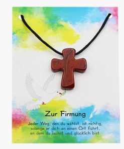 „Zur Firmung“ Pilgerkreuz Anhänger aus Jaspis rot auf großer Karte