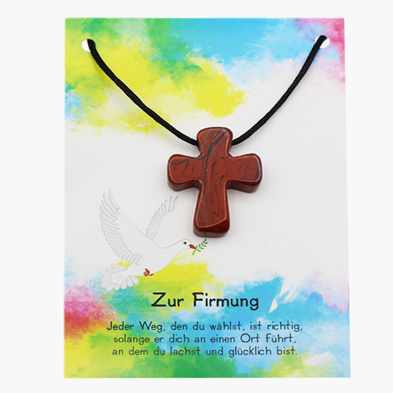 „Zur Firmung“ Pilgerkreuz Anhänger aus Jaspis rot auf großer Karte