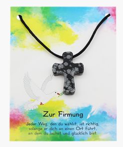 „Zur Firmung“ Pilgerkreuz Anhänger aus Schneeflockenobsidian auf großer Karte