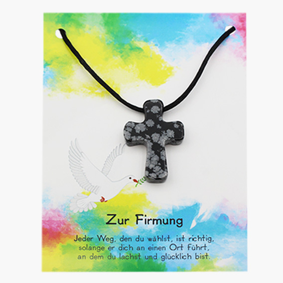 „Zur Firmung“ Pilgerkreuz Anhänger aus Schneeflockenobsidian auf großer Karte