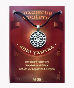 Anhänger Shri Yantra – Magische Amulette aus Zinn auf großer Karte mit Infoheft