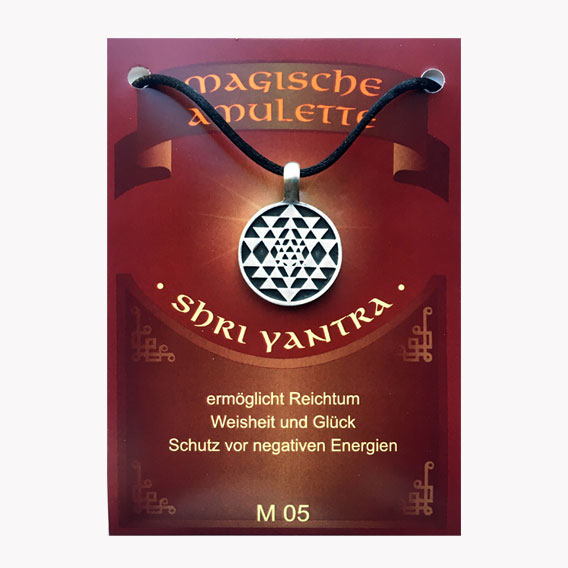 Anhänger Shri Yantra – Magische Amulette aus Zinn auf großer Karte mit Infoheft