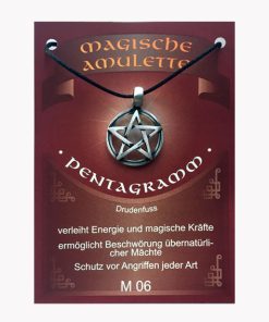Anhänger Pentagram – Magische Amulette aus Zinn auf großer Karte mit Infoheft