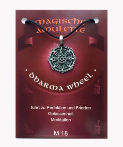 Anhänger Dharma Wheel – Magische Amulette aus Zinn auf großer Karte mit Infoheft