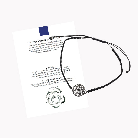 Glücksarmband Freundschaftsarmband mit Blume des Lebens klein mit geknüpftem Textilband schwarz mit Glückskarte