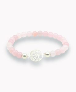 Rosenquarz Kugelarmband mit Lebensbaum silber